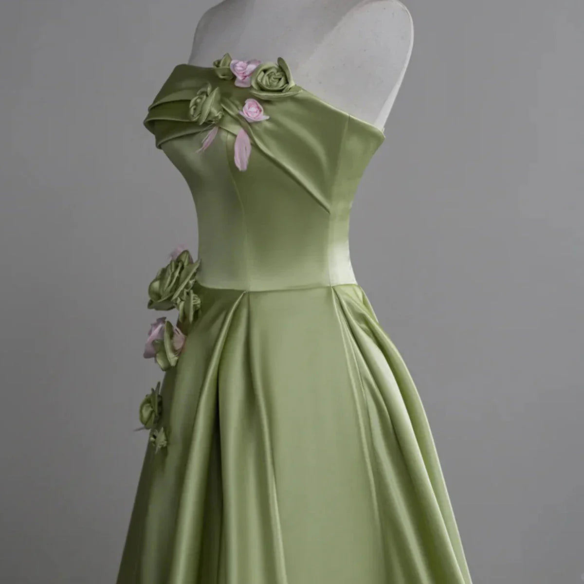 Green A-line Satin with Flowers Long Evening Dress, Green Satin Prom Dress TP1054