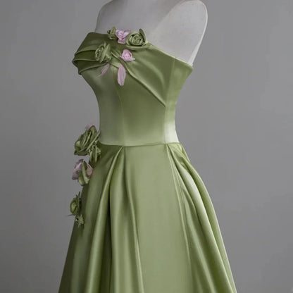 Green A-line Satin with Flowers Long Evening Dress, Green Satin Prom Dress TP1054