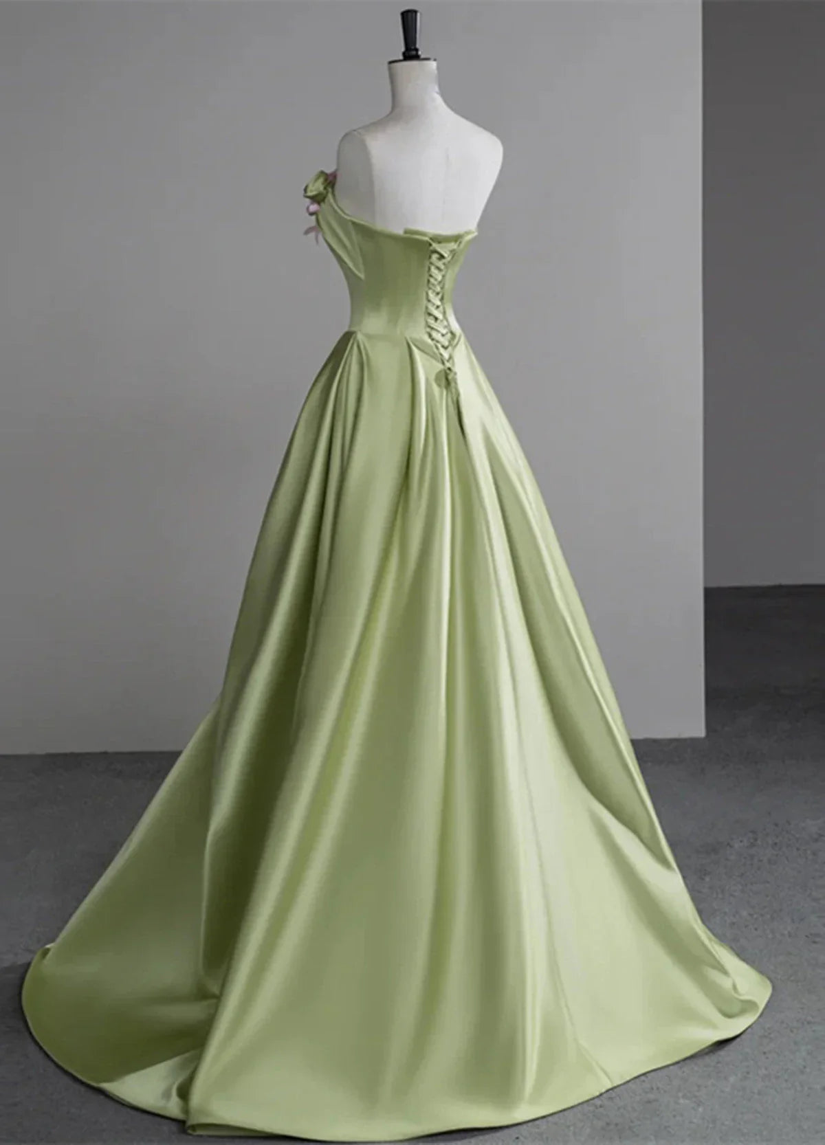 Green A-line Satin with Flowers Long Evening Dress, Green Satin Prom Dress TP1054