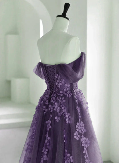 Vestido largo de fiesta morado de tul con encaje, corte A, vestido de noche morado para fiesta de graduación TP1055