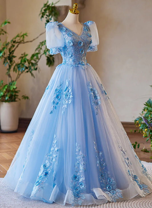 A-Line Light Blue Tulle With Lace Short Sleeves Prom Dress, Tulle Sweet 16 Dress TP1056
