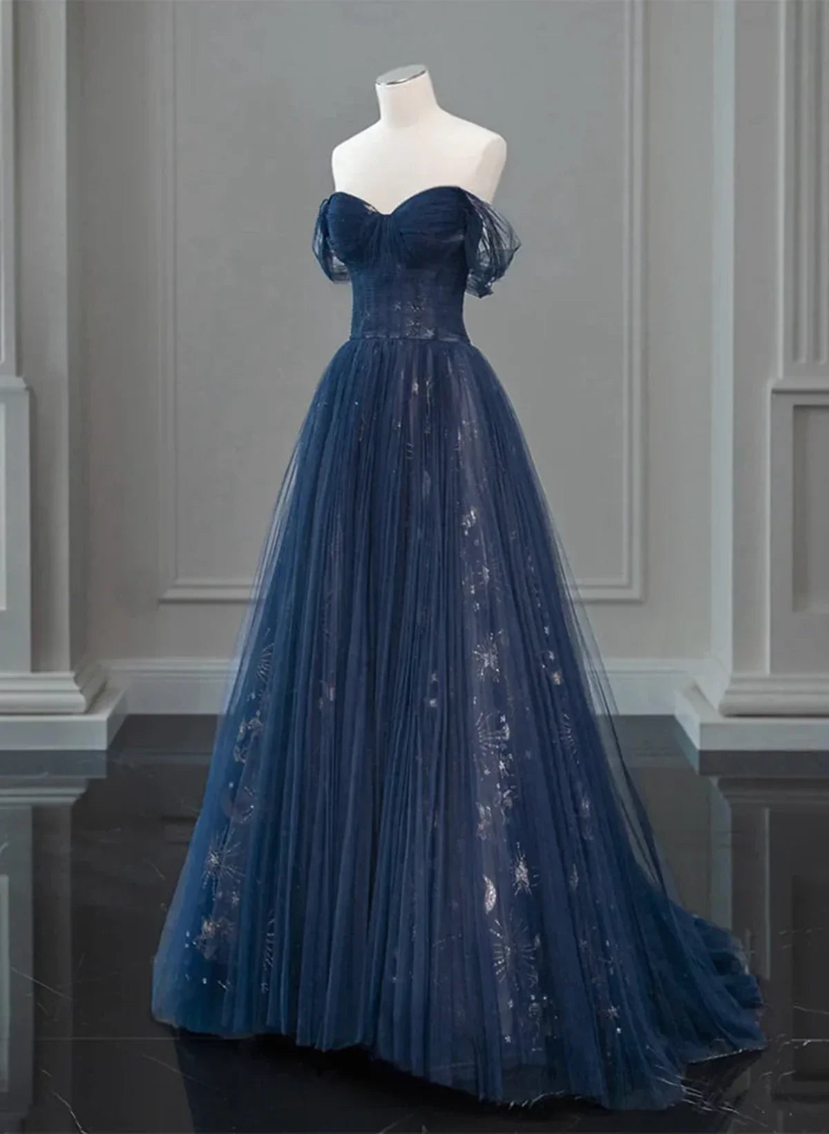 Navy Blue Sweetheart Off Shoulder Tulle Prom Dress, A-line Tulle Formal Dress TP1057