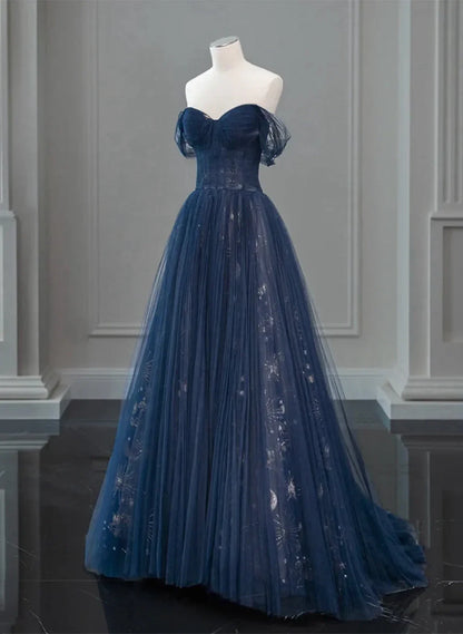 Navy Blue Sweetheart Off Shoulder Tulle Prom Dress, A-line Tulle Formal Dress TP1057