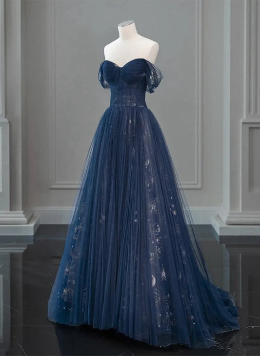 Navy Blue Sweetheart Off Shoulder Tulle Prom Dress, A-line Tulle Formal Dress TP1057