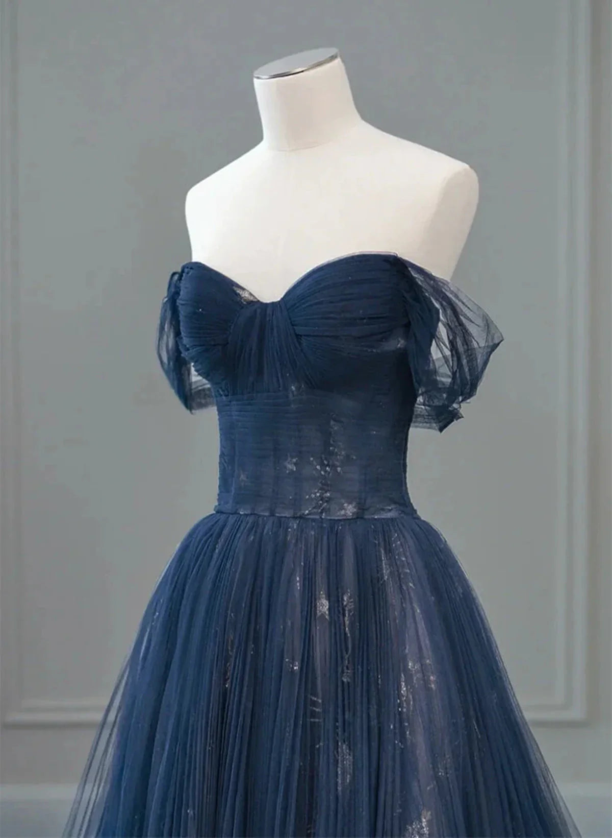 Navy Blue Sweetheart Off Shoulder Tulle Prom Dress, A-line Tulle Formal Dress TP1057
