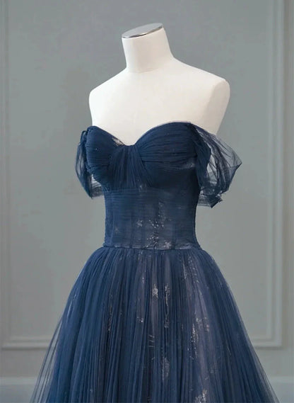 Navy Blue Sweetheart Off Shoulder Tulle Prom Dress, A-line Tulle Formal Dress TP1057
