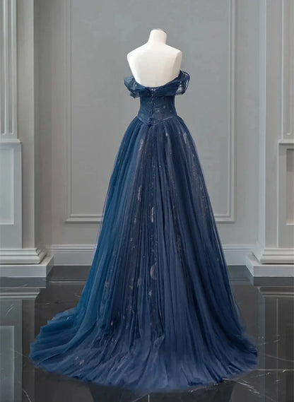 Navy Blue Sweetheart Off Shoulder Tulle Prom Dress, A-line Tulle Formal Dress TP1057