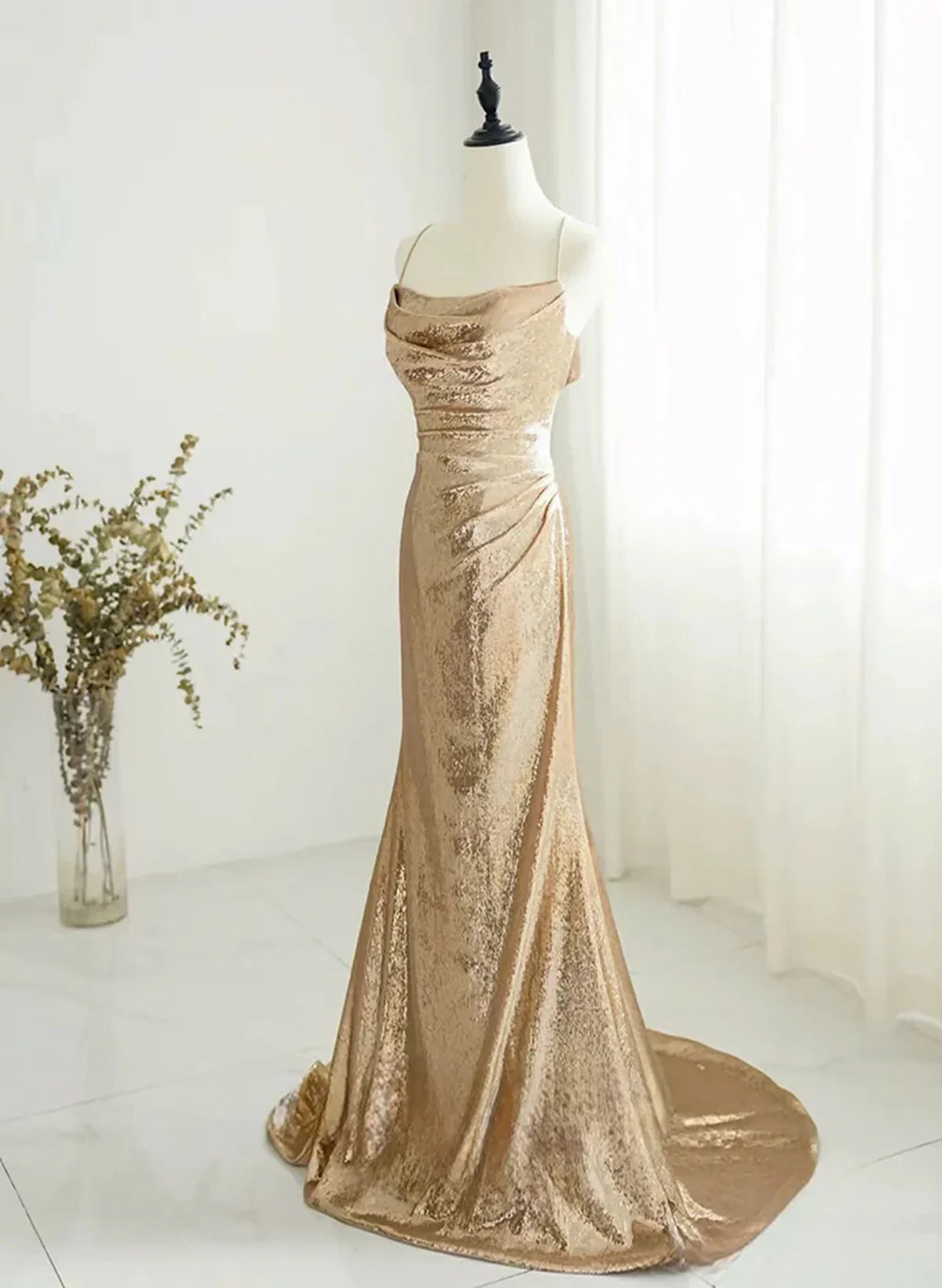 Vestido de fiesta largo con lentejuelas color champán, vestido formal con lentejuelas color champán TP1058