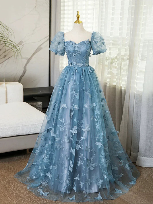 Blue Lace Butterfly Long Prom Dress, Elegant A-Line Short Sleeve Evening Formal Dress TP106