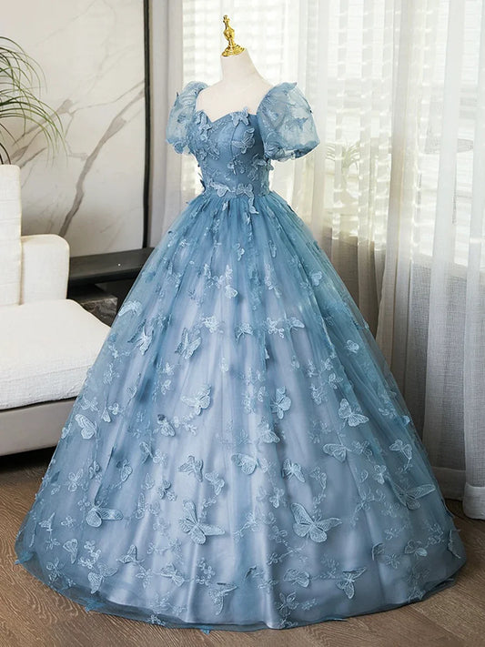 Blue Lace Butterfly Long Prom Dress, Elegant A-Line Short Sleeve Evening Formal Dress TP106
