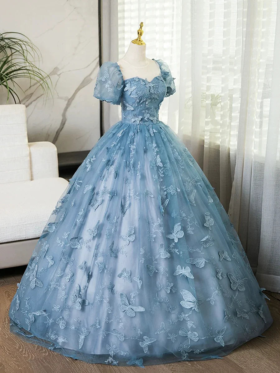 Blue Lace Butterfly Long Prom Dress, Elegant A-Line Short Sleeve Evening Formal Dress TP106