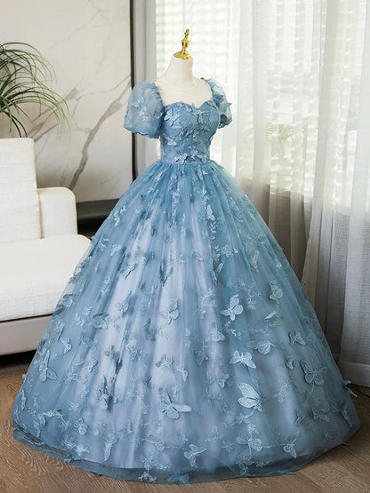 Blue Lace Butterfly Long Prom Dress, Elegant A-Line Short Sleeve Evening Formal Dress TP106