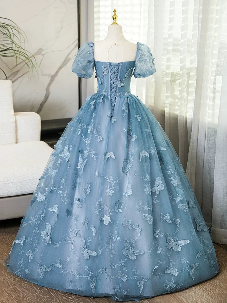 Blue Lace Butterfly Long Prom Dress, Elegant A-Line Short Sleeve Evening Formal Dress TP106