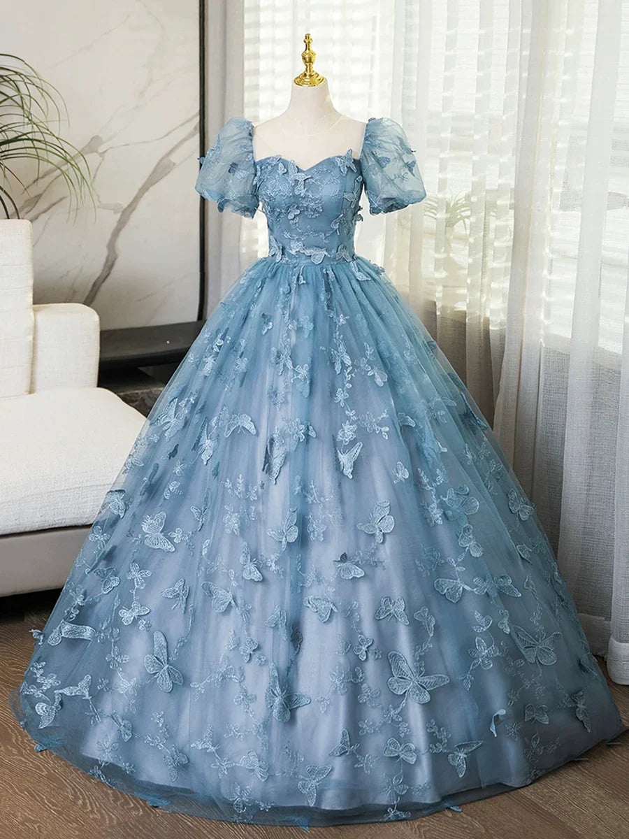 Blue Lace Butterfly Long Prom Dress, Elegant A-Line Short Sleeve Evening Formal Dress TP106