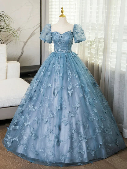Blue Lace Butterfly Long Prom Dress, Elegant A-Line Short Sleeve Evening Formal Dress TP106