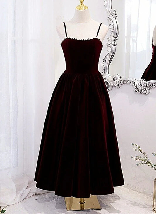 Wine Red Velvet Tea Length Party Dress, Wine Red Straps Homecoming Dress TP1063