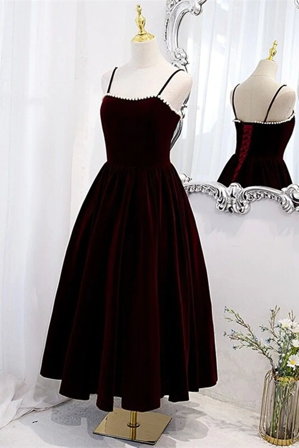 Wine Red Velvet Tea Length Party Dress, Wine Red Straps Homecoming Dress TP1063