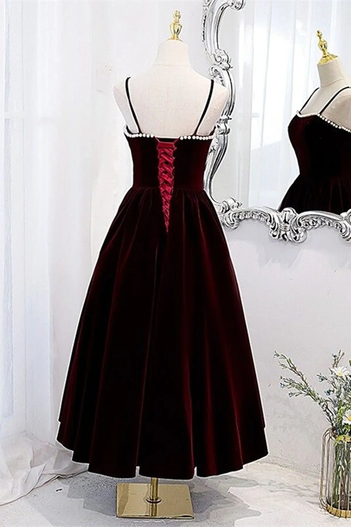 Wine Red Velvet Tea Length Party Dress, Wine Red Straps Homecoming Dress TP1063