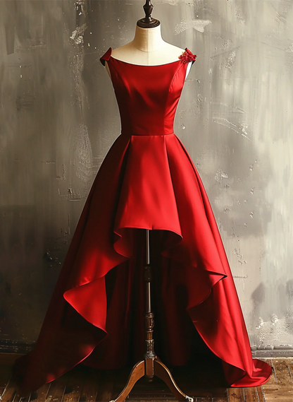 Vestido de fiesta de satén rojo vino con escote redondo, corte alto y bajo, vestido de bienvenida rojo vino TP1064