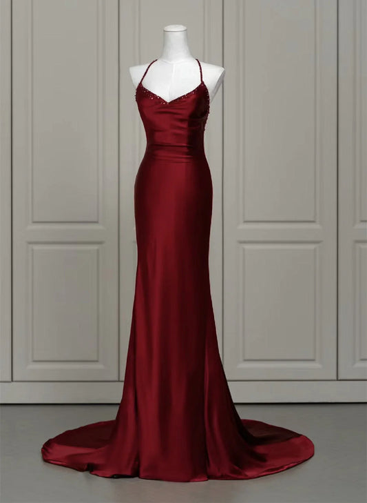 Vestido de noche largo de sirena rojo vino sin espalda, vestido de fiesta largo rojo vino TP1067