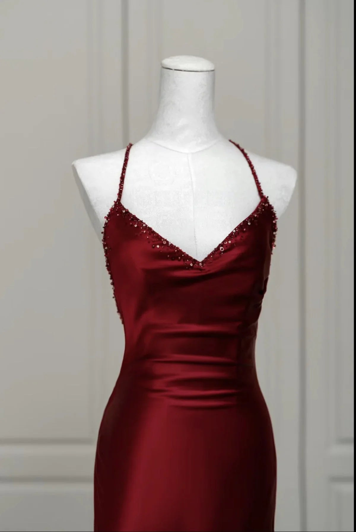Vestido de noche largo de sirena rojo vino sin espalda, vestido de fiesta largo rojo vino TP1067