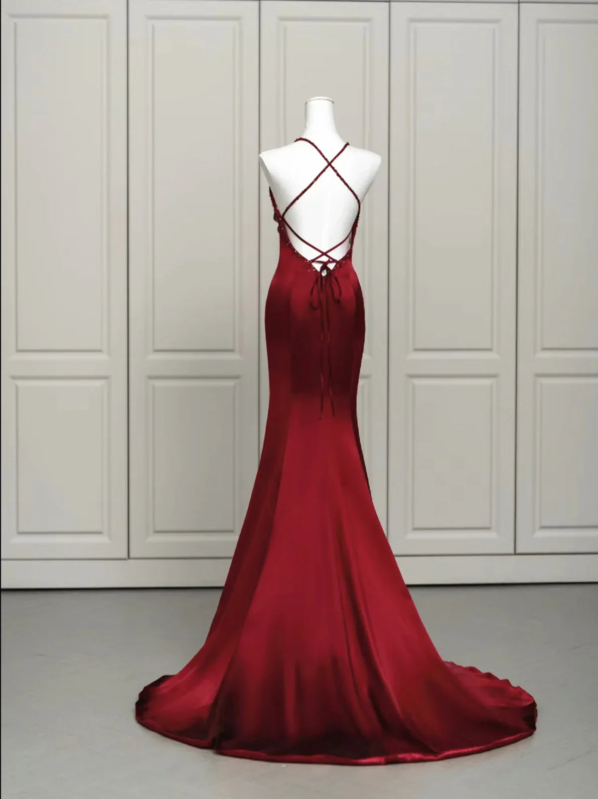 Vestido de noche largo de sirena rojo vino sin espalda, vestido de fiesta largo rojo vino TP1067