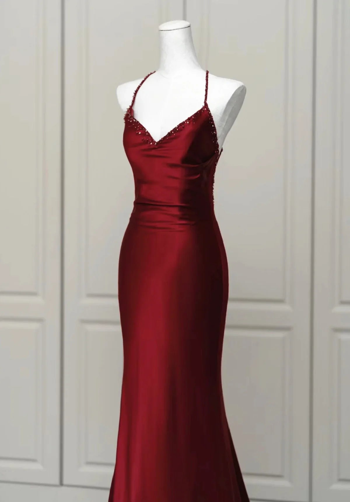 Vestido de noche largo de sirena rojo vino sin espalda, vestido de fiesta largo rojo vino TP1067