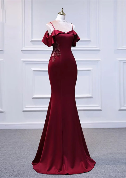 Vestido de fiesta largo de sirena con hombros descubiertos en color rojo vino, vestido de fiesta de sirena con hombros descubiertos TP1069