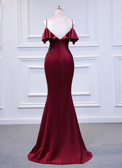 Vestido de fiesta largo de sirena con hombros descubiertos en color rojo vino, vestido de fiesta de sirena con hombros descubiertos TP1069