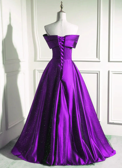 Vestido de fiesta largo de satén negro y morado con hombros descubiertos, corte A, TP1071
