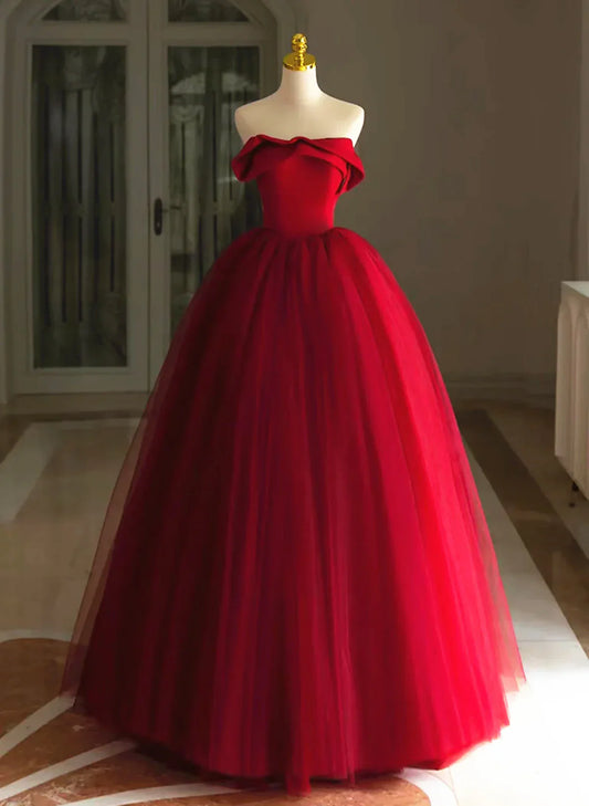 Vestido de fiesta largo de tul rojo con escote redondo, vestido de noche rojo TP1072