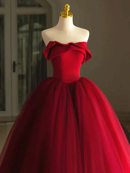 Vestido de fiesta largo de tul rojo con escote redondo, vestido de noche rojo TP1072