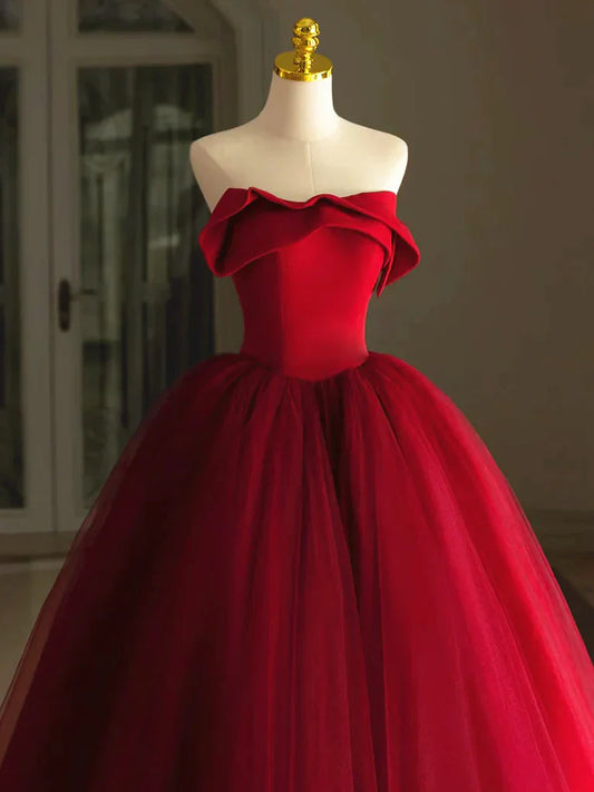 Vestido de fiesta largo de tul rojo con escote redondo, vestido de noche rojo TP1072
