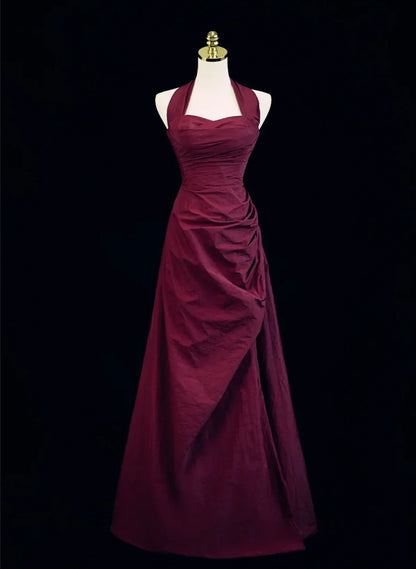 Vestido de fiesta estilo vintage con cuello halter y corte en A en color rojo vino, vestido de noche largo en color rojo vino TP1074