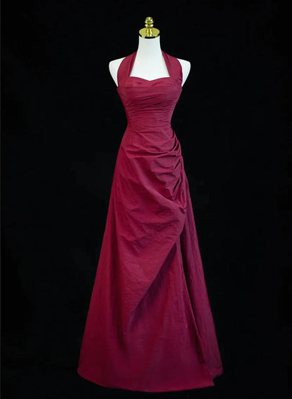Vestido de fiesta estilo vintage con cuello halter y corte en A en color rojo vino, vestido de noche largo en color rojo vino TP1074