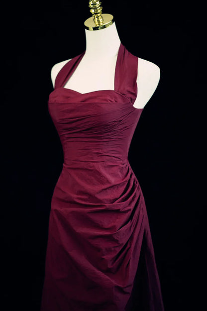 Vestido de fiesta estilo vintage con cuello halter y corte en A en color rojo vino, vestido de noche largo en color rojo vino TP1074