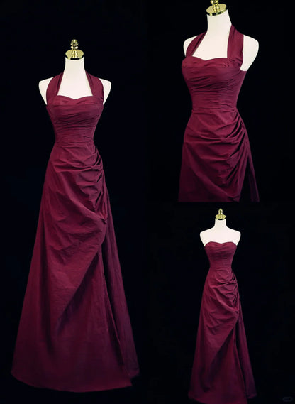 Vestido de fiesta estilo vintage con cuello halter y corte en A en color rojo vino, vestido de noche largo en color rojo vino TP1074