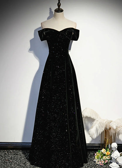 Simple Black Sweetheart Off Shoulder Long Velvet Prom Dress, Black Evening Dress TP1075