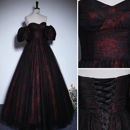 Pretty A-line Black and Red Lace Sweetheart Evening Dress, Black and Red Prom Dress TP1077