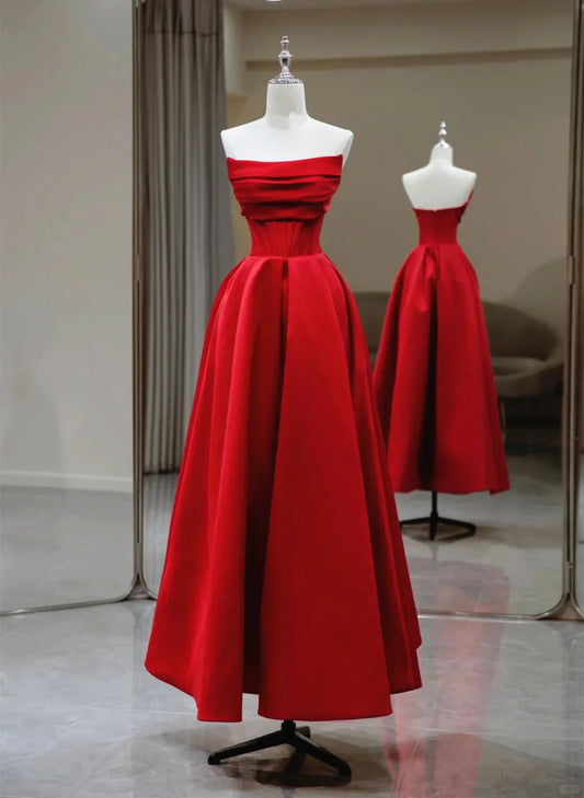 Vestido de fiesta largo de satén rojo con escote en A y escote redondo, vestido formal de satén rojo TP1078