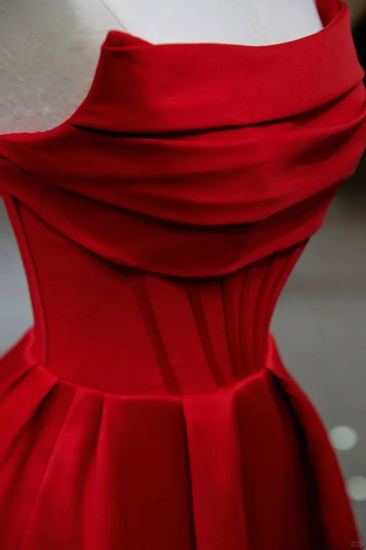 Vestido de fiesta largo de satén rojo con escote en A y escote redondo, vestido formal de satén rojo TP1078