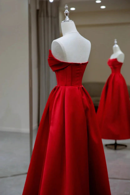 Vestido de fiesta largo de satén rojo con escote en A y escote redondo, vestido formal de satén rojo TP1078