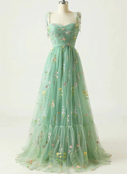 Hermoso vestido de fiesta largo con tirantes de tul floral verde, vestido de fiesta largo verde TP1079