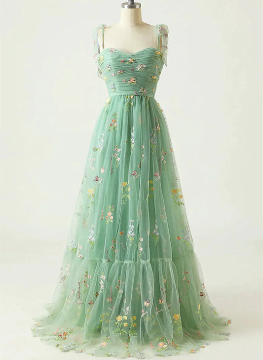Hermoso vestido de fiesta largo con tirantes de tul floral verde, vestido de fiesta largo verde TP1079