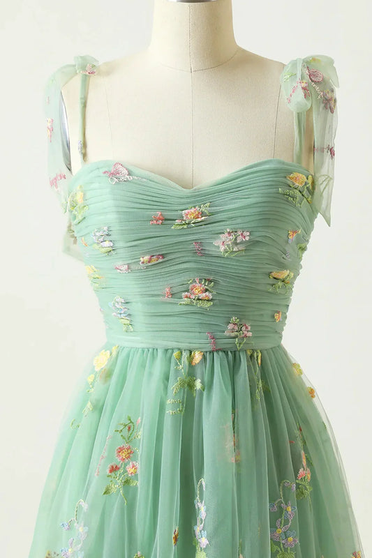 Hermoso vestido de fiesta largo con tirantes de tul floral verde, vestido de fiesta largo verde TP1079