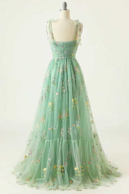 Hermoso vestido de fiesta largo con tirantes de tul floral verde, vestido de fiesta largo verde TP1079