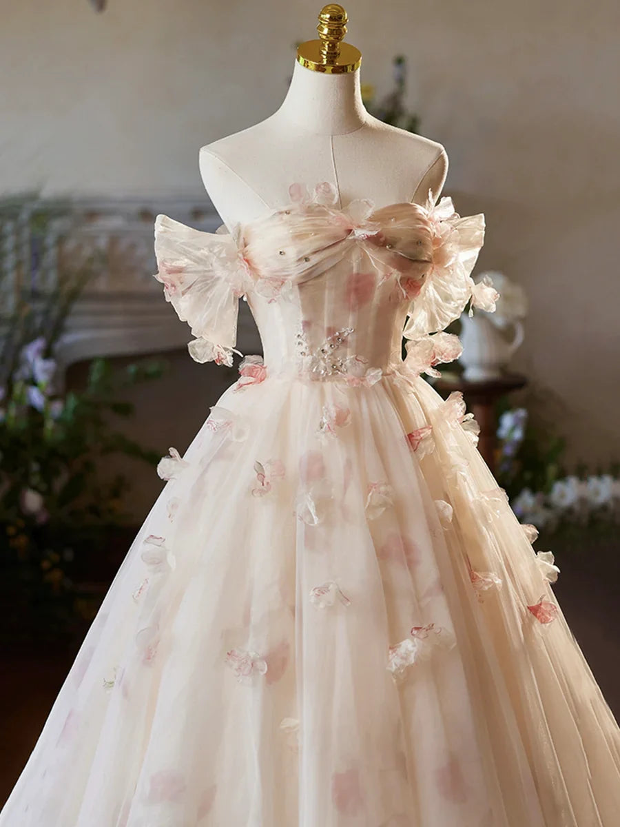 Vestido de fiesta largo de tul con estampado floral color champán, elegante vestido de noche formal de corte A TP108