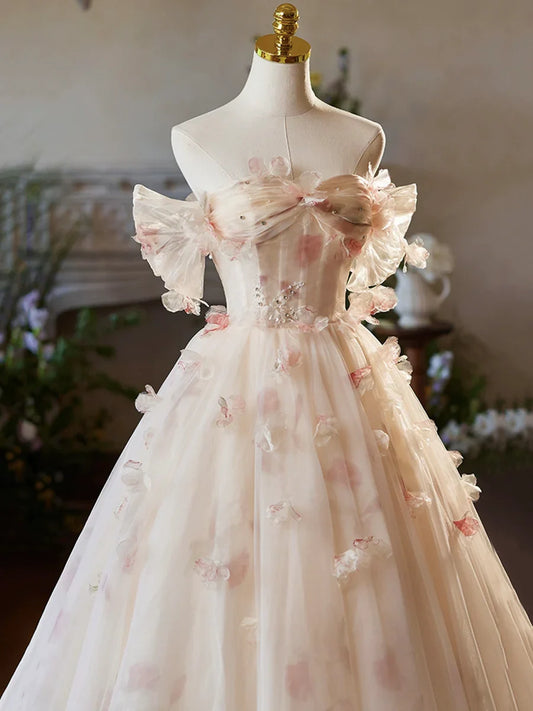Vestido de fiesta largo de tul con estampado floral color champán, elegante vestido de noche formal de corte A TP108