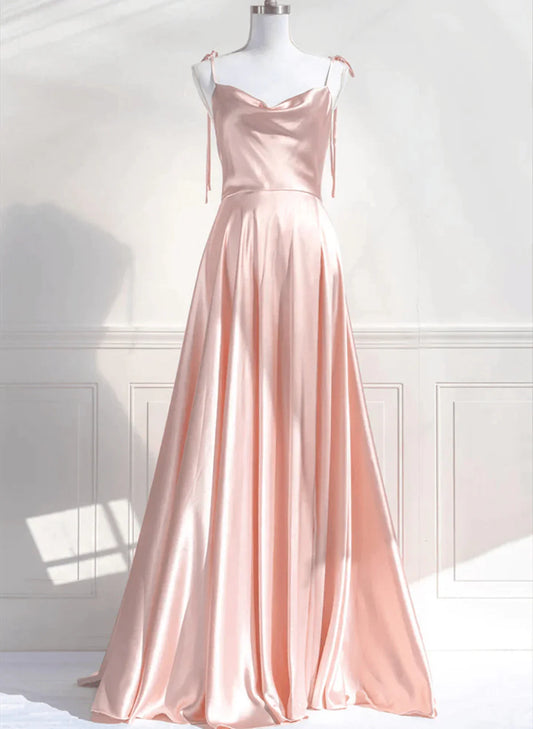 Vestido de fiesta de satén rosa con escote en forma de A y tirantes finos, vestido de noche de satén rosa TP1080