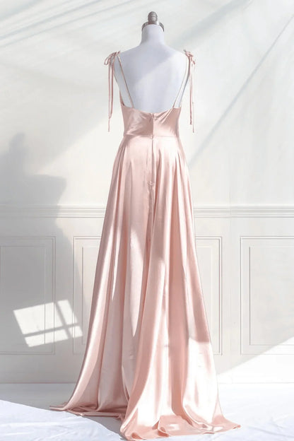 Vestido de fiesta de satén rosa con escote en forma de A y tirantes finos, vestido de noche de satén rosa TP1080